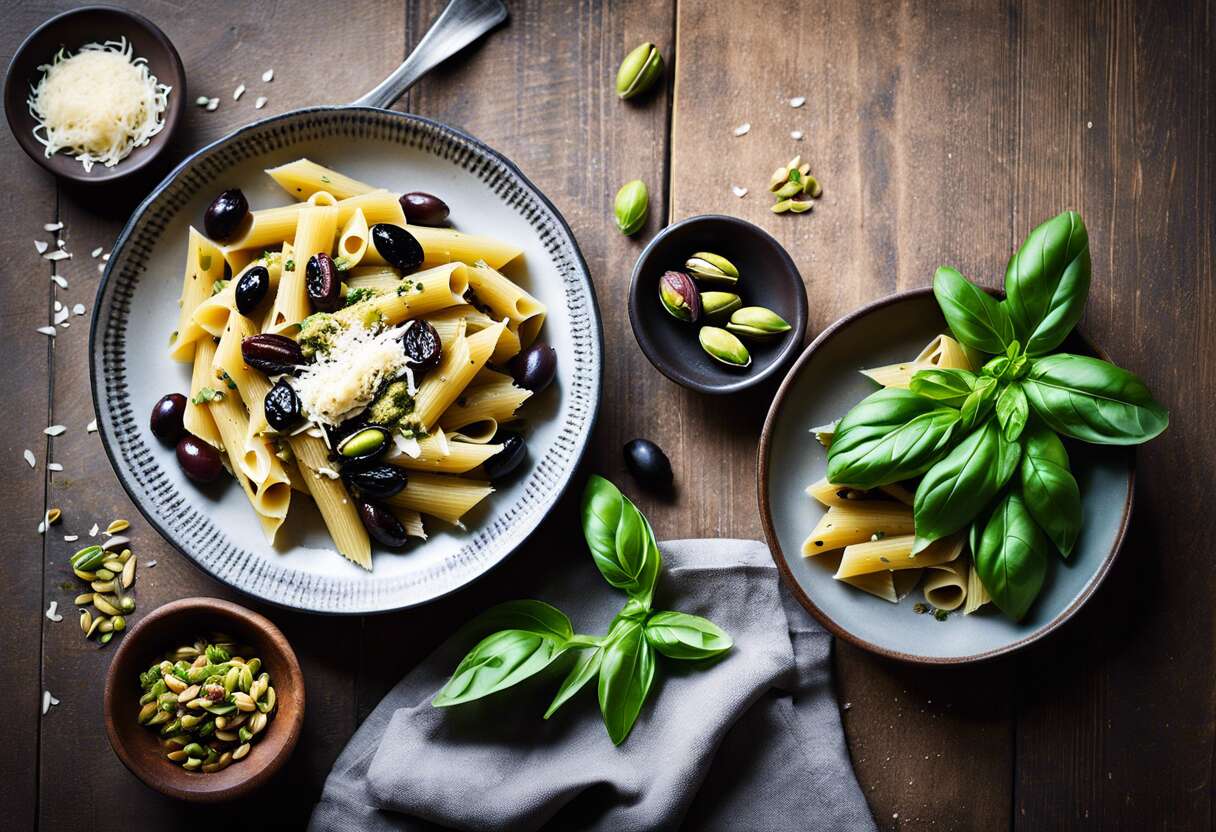 Recette de pennoni au pesto de pistaches et d’olives noires : saveurs méditerranéennes