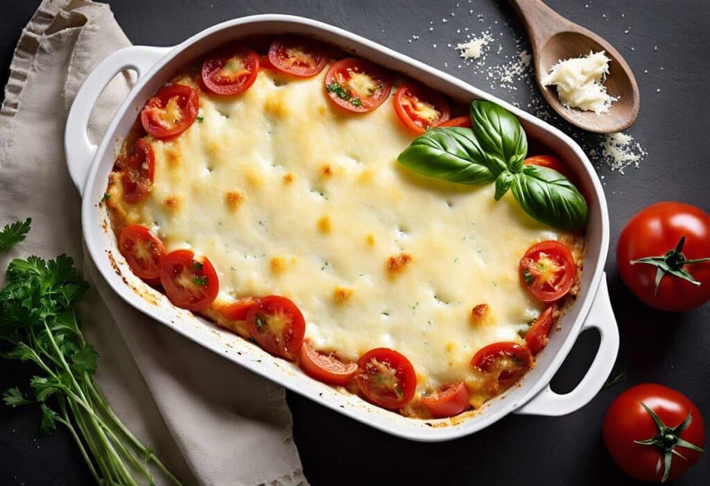 Gratin de pâtes à la mozzarella et parmesan : recette facile avec dés de tomates